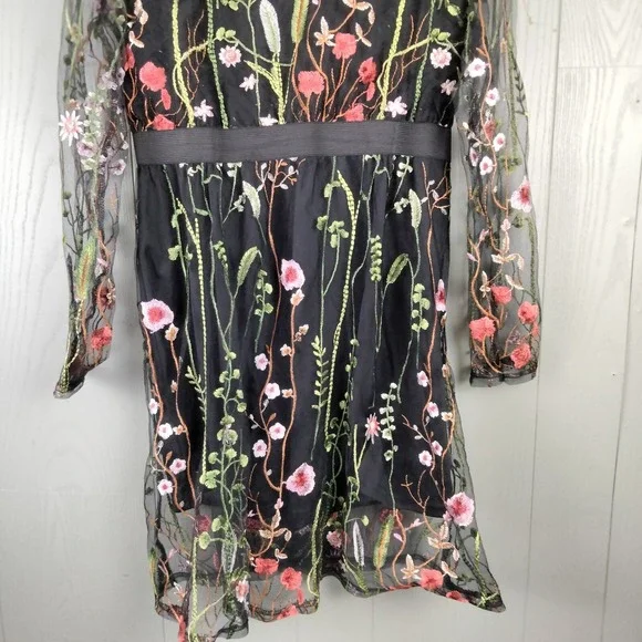 Fairy Grunge Black Mesh Dress S/M Embroidered Flowers Whimsigoth Garden Party - Picture 5 of 10